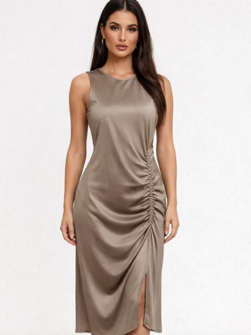 House of Harlow 1960 | Satin Side Ruched Midi Dress Sleeveless Taupe Sz M